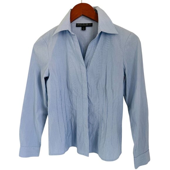 Lafayette 148 New York Petite Blue Pinstripe Collared Button-Front Blouse Size 2 - Picture 1 of 8